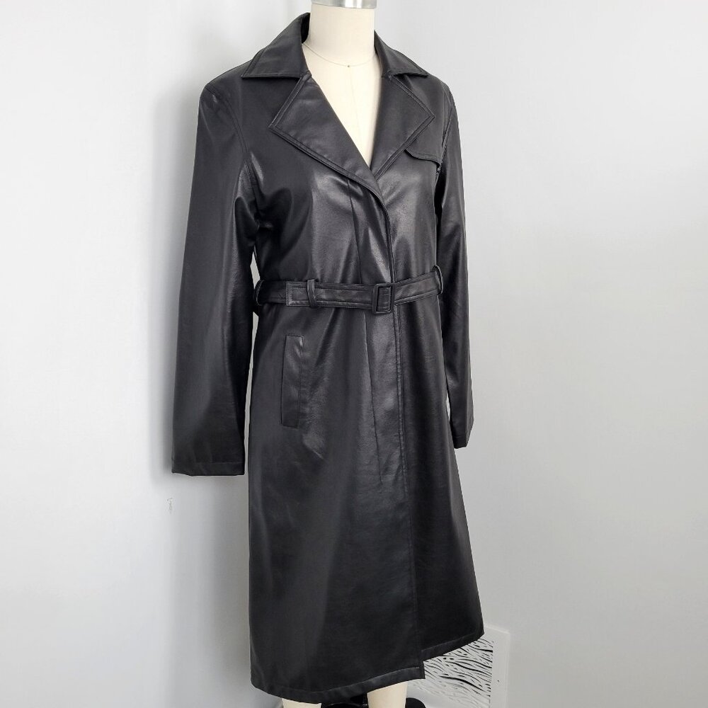 Vintage Y2K Urban Behavior Black Faux Leather Long Trench Coat Matrix Cyberpunk